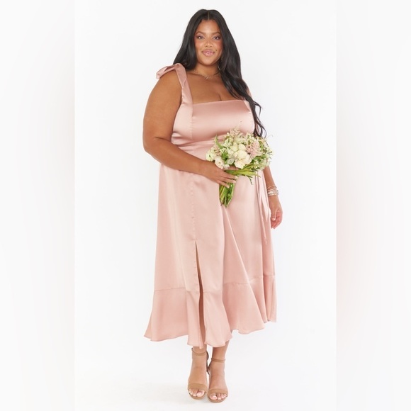SHOW ME YOUR MUMU Claire Midi Dress In Rose Gold Luxe Satin - Picture 2 of 7
